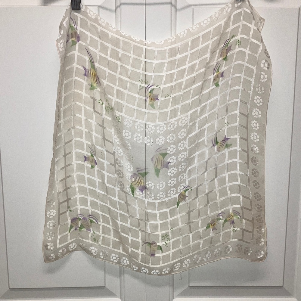 Vintage Paulownia square mulberry silk burn out scarf, sheer, fish, ivory/white